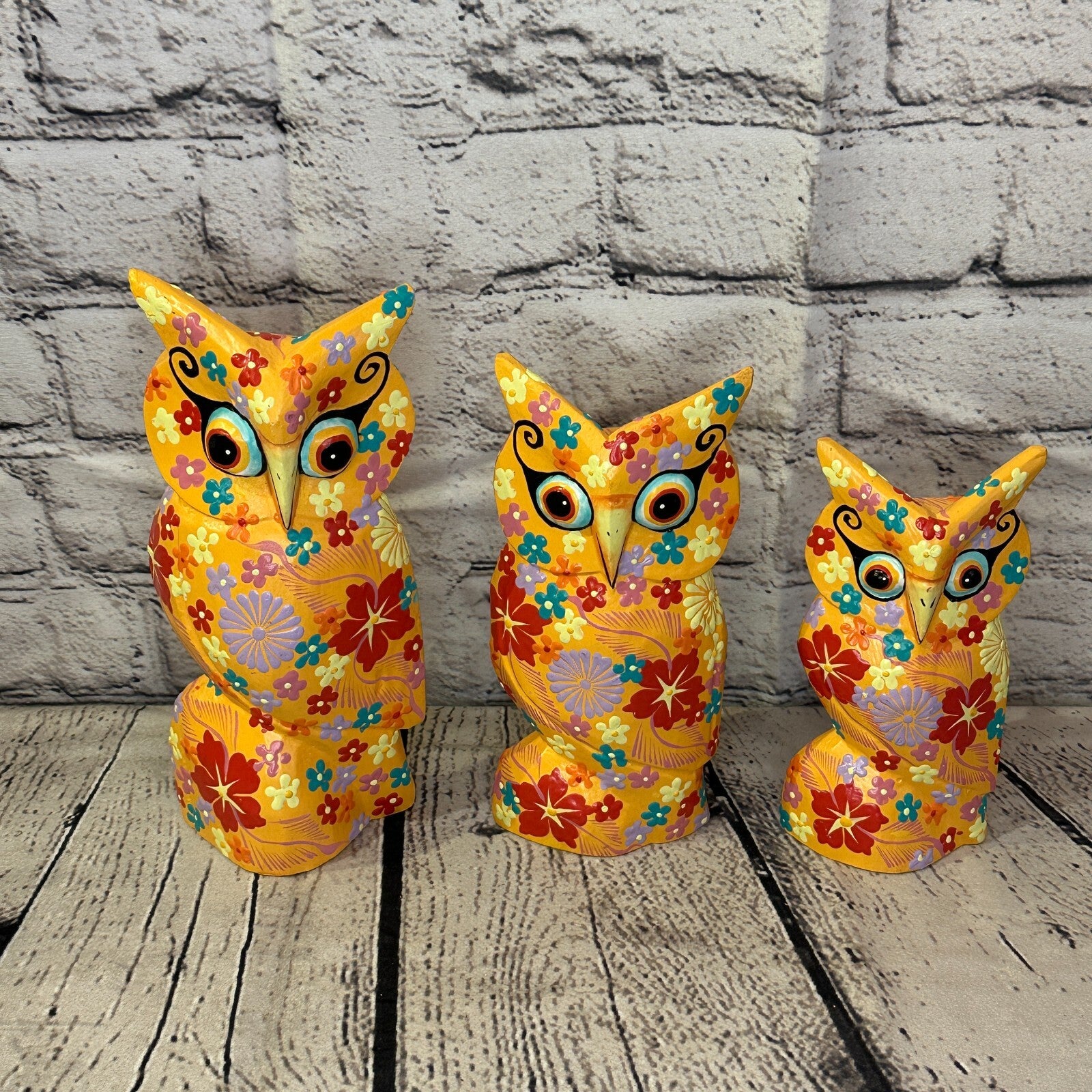 Orange Small Wooden Owl With Flower Pattern 12cm x 8cm Handmade and Fairtrade8
