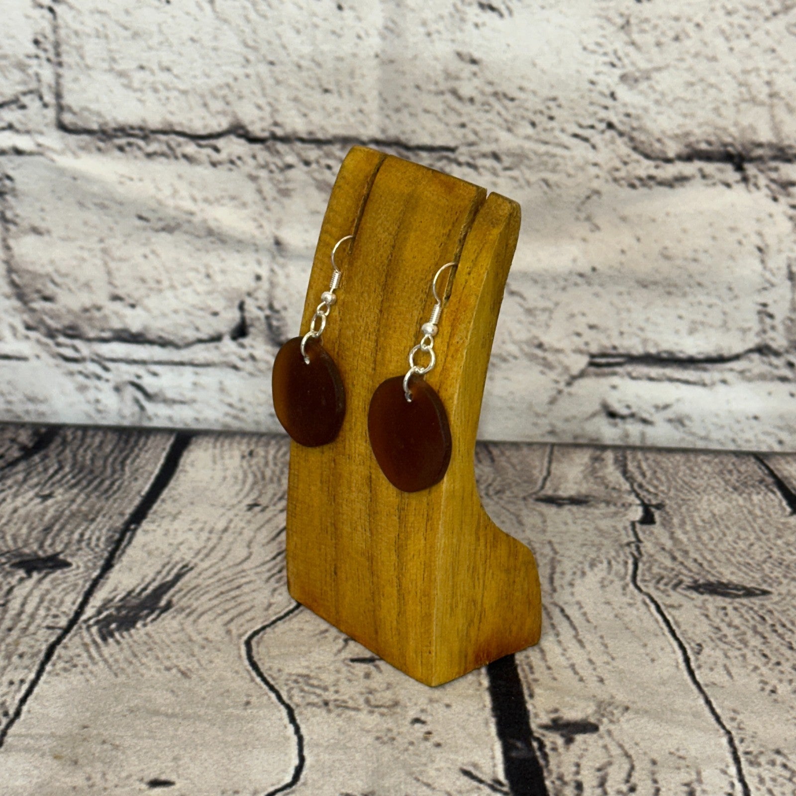 Brown Recycled Round Silver Plate Dangle Drop Earrings Handmade UK Jewellery1