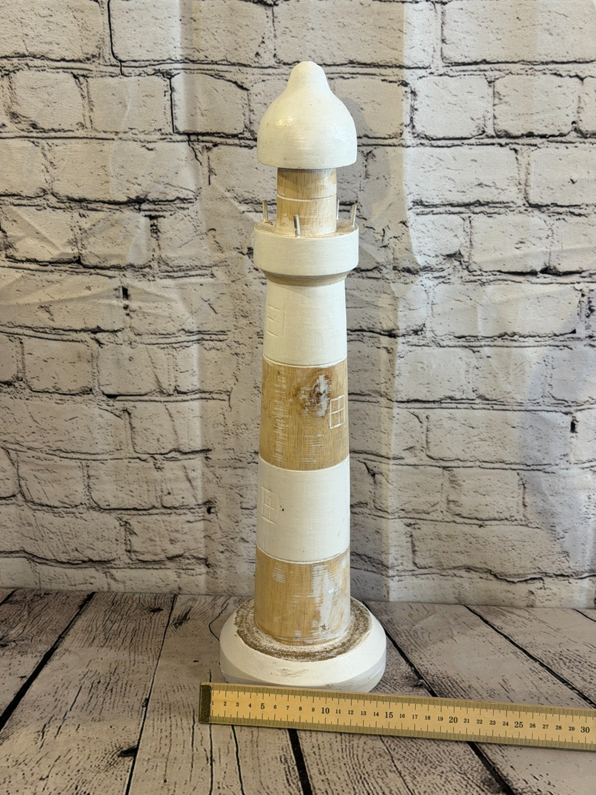 50cm Cream White Wooden Lighthouse Ornament Nautical Coastal Sculpture Statue4