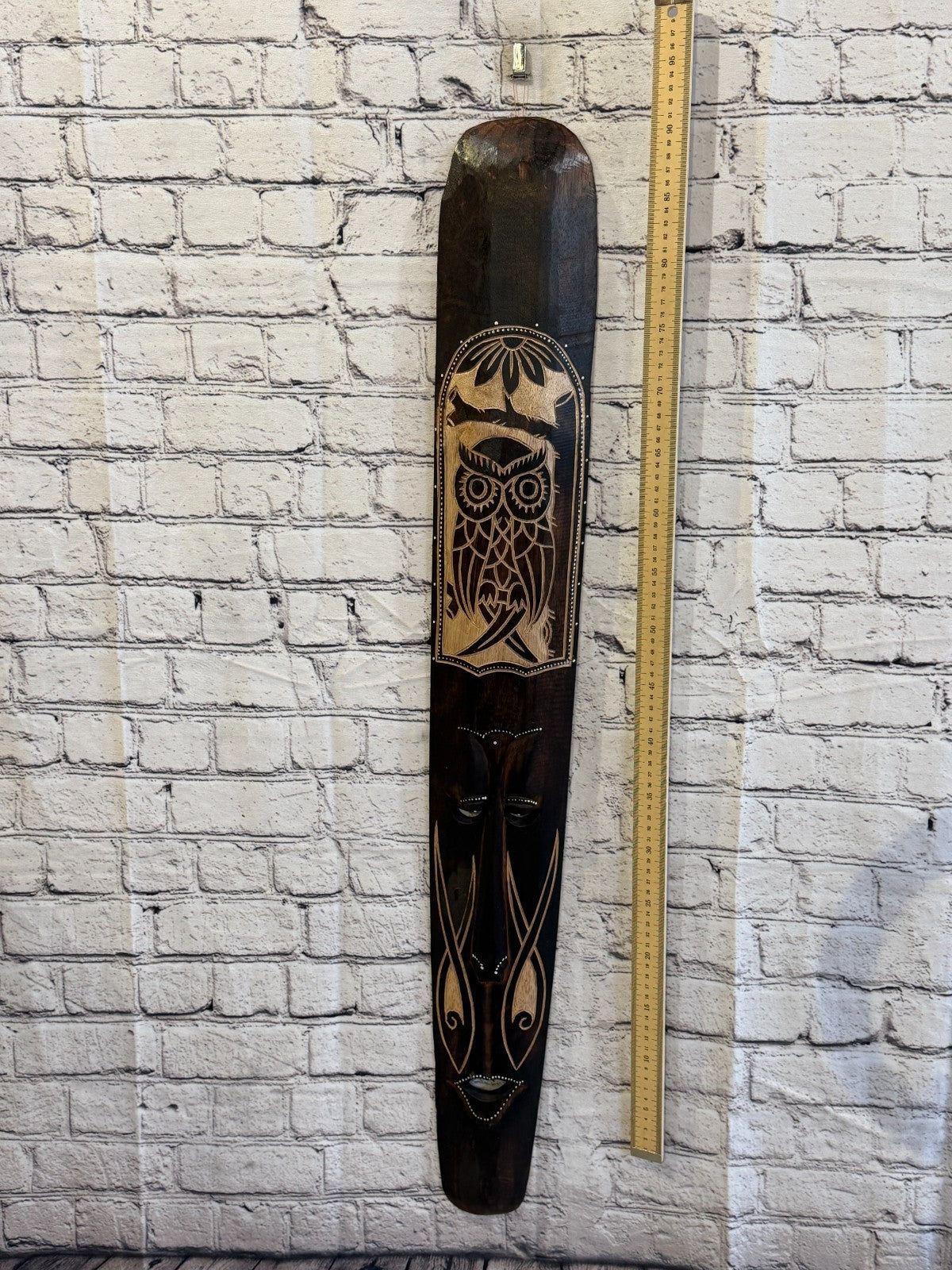 100cm Owl Mask Carved Wooden Brown Work Painted Ethnic Tribal Tiki Wall Art4