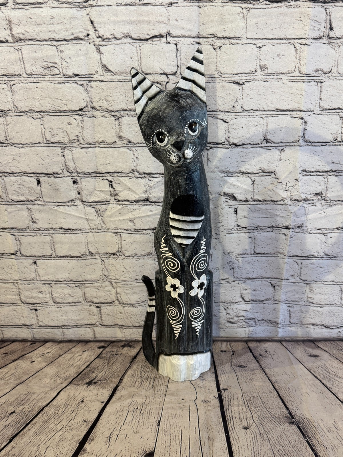 60cm Grey Flower Wooden Shabby Cat Statue Ornament Fair Trade Handcarved0