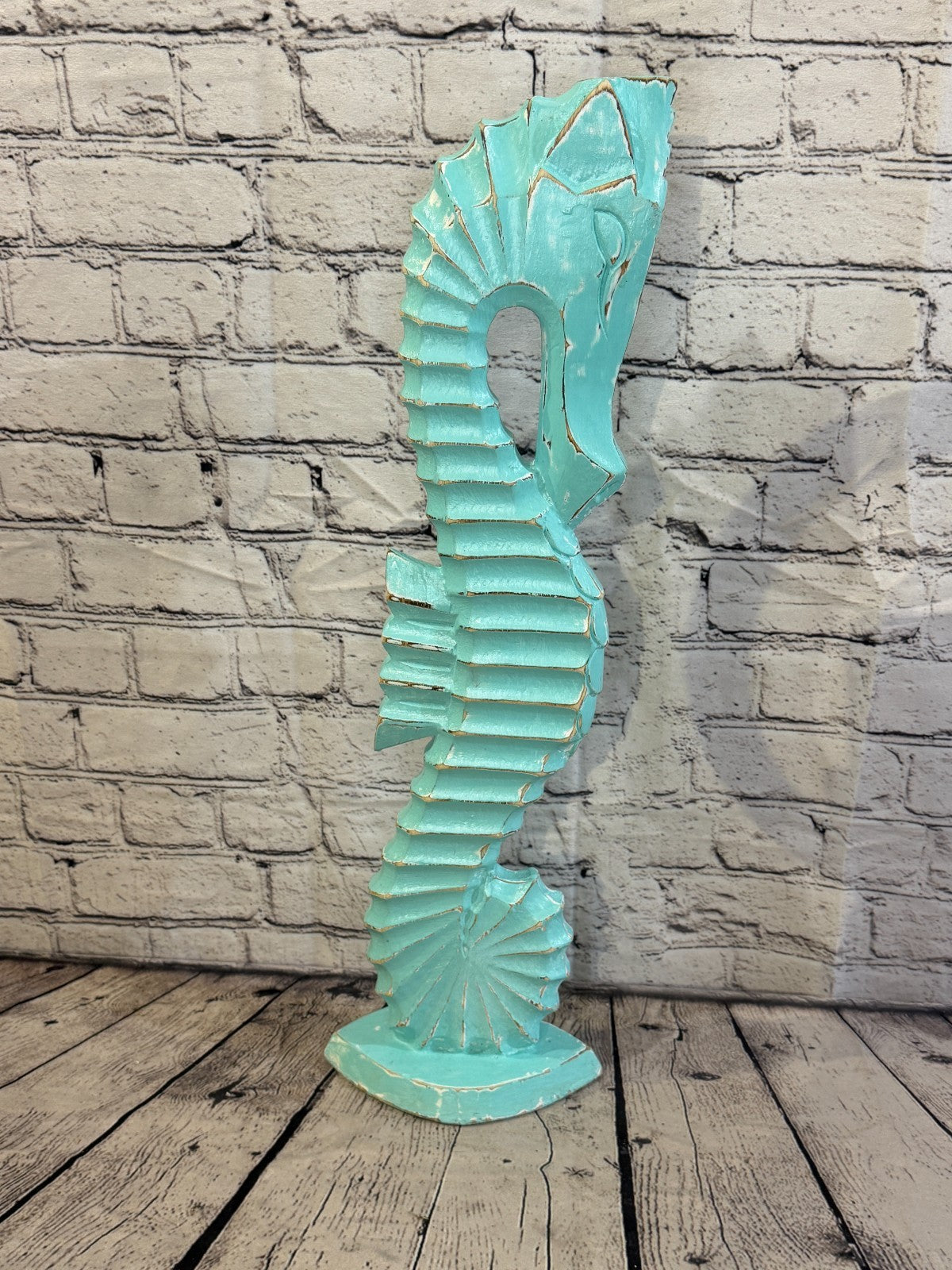 60cm Green Teal Wooden Shabby Seahorse Statue Ornament Fair Trade Handcarved3