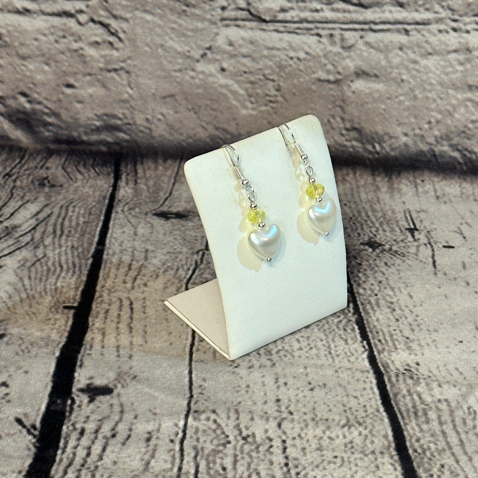 Yellow Crystal And White Heart Shaped Dangle Drop Earrings Handmade UK Jewellery2