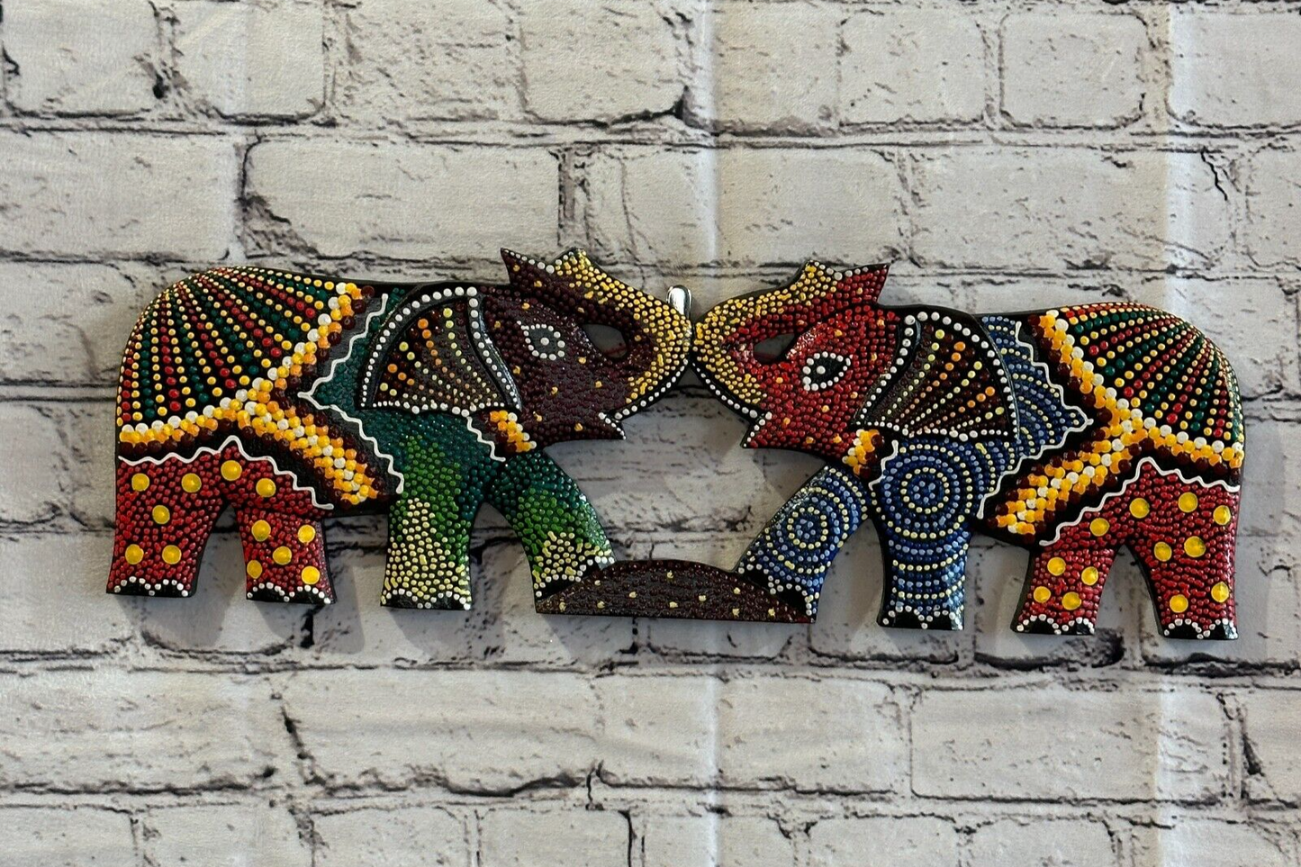 45cm 2 Elephants Carved Wooden Dot Painted Ethnic Tribal Tiki Wall Handmade No 10