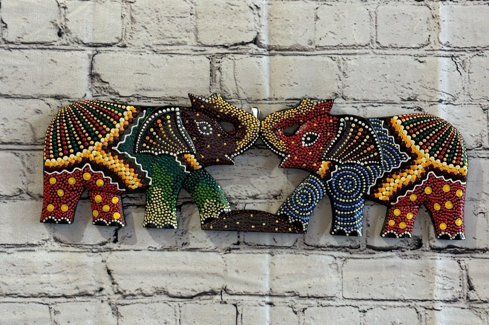 45cm 2 Elephants Carved Wooden Dot Painted Ethnic Tribal Tiki Wall Handmade No 10