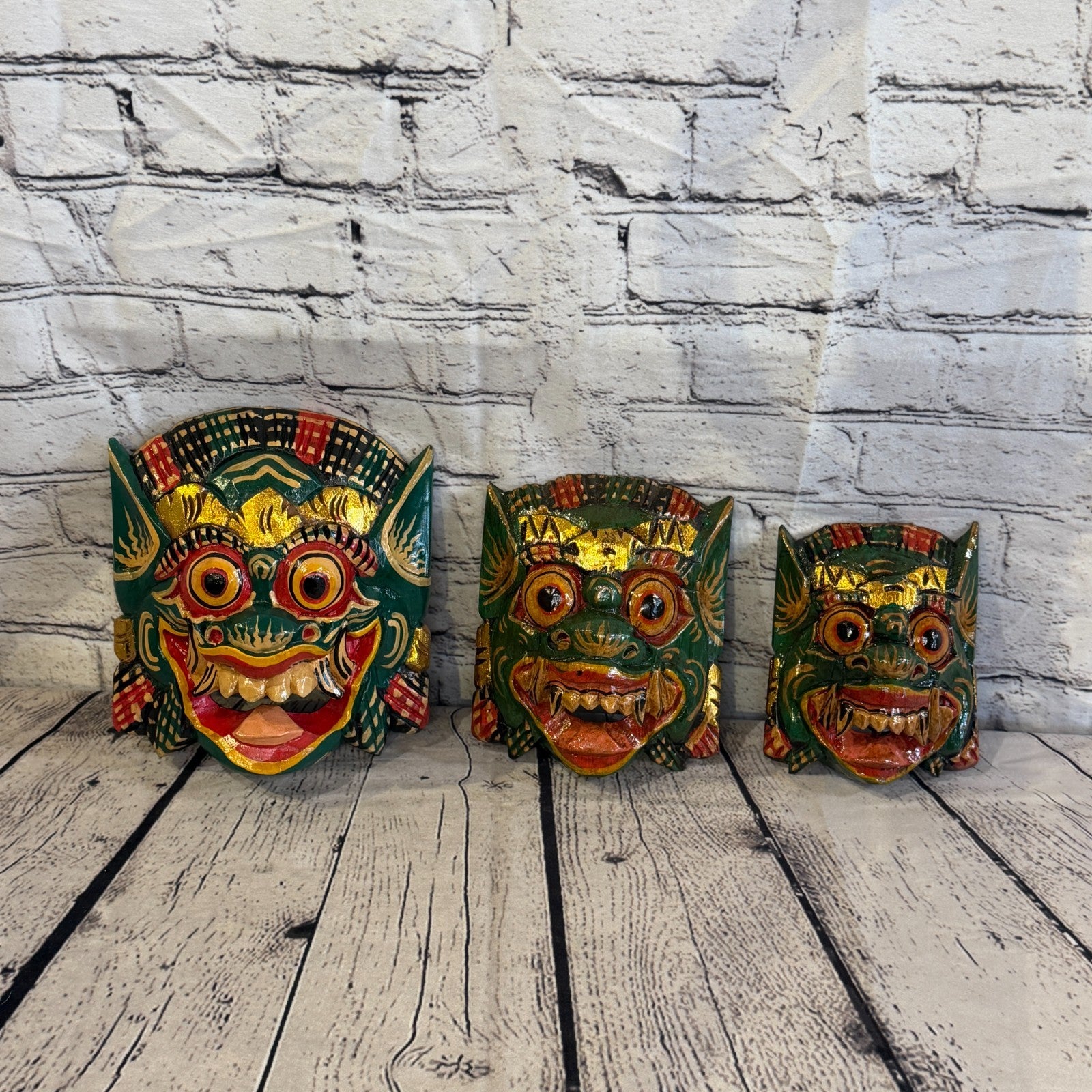 Small Wooden Green Barong Wall Mask 12cm x 12cm Handmade And Fairtrade Hindu6