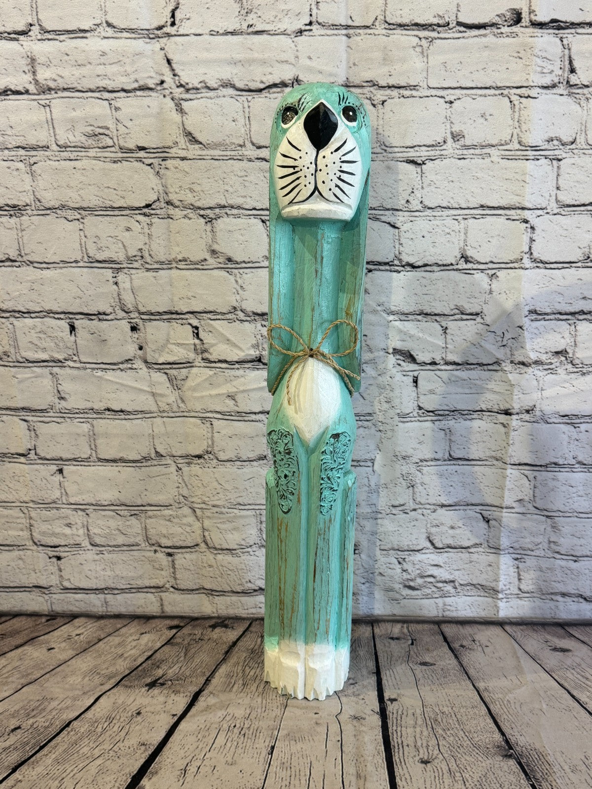 60cm Green Teal Wooden Shabby Dog Statue Ornament Fair Trade Handcarved1