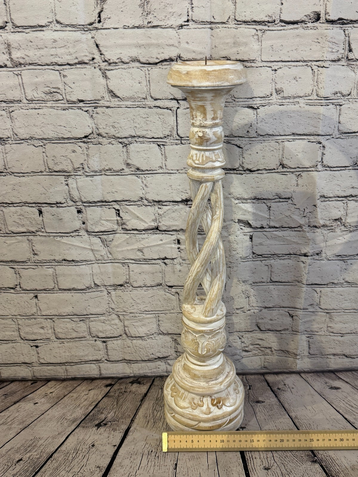 60cm x 15cm White Twist Wooden Vintage Style Candle Stand Shabby Pillar Holders4