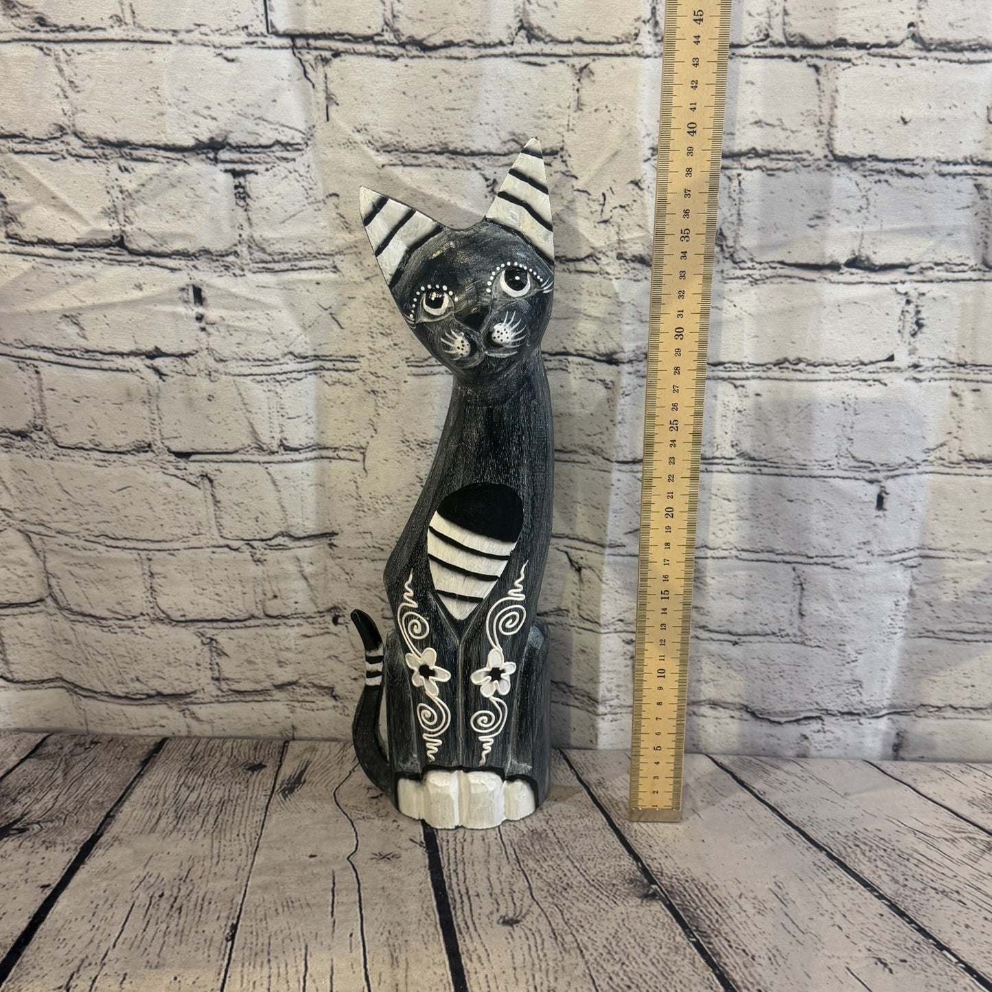 40cm Grey Flower Wooden Shabby Cat Statue Ornament Fair Trade Handcarved5