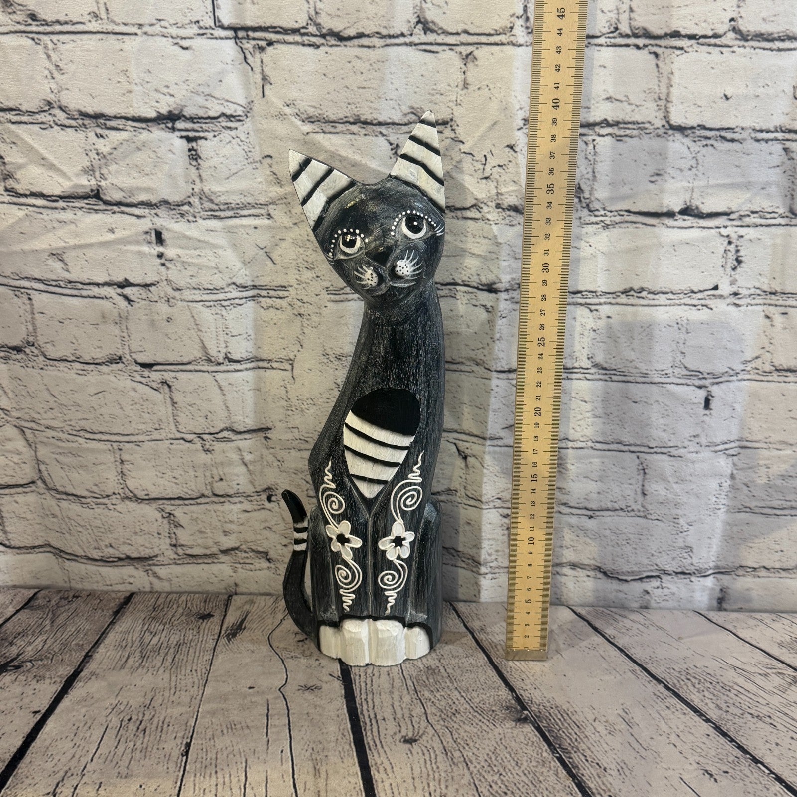 40cm Grey Flower Wooden Shabby Cat Statue Ornament Fair Trade Handcarved5
