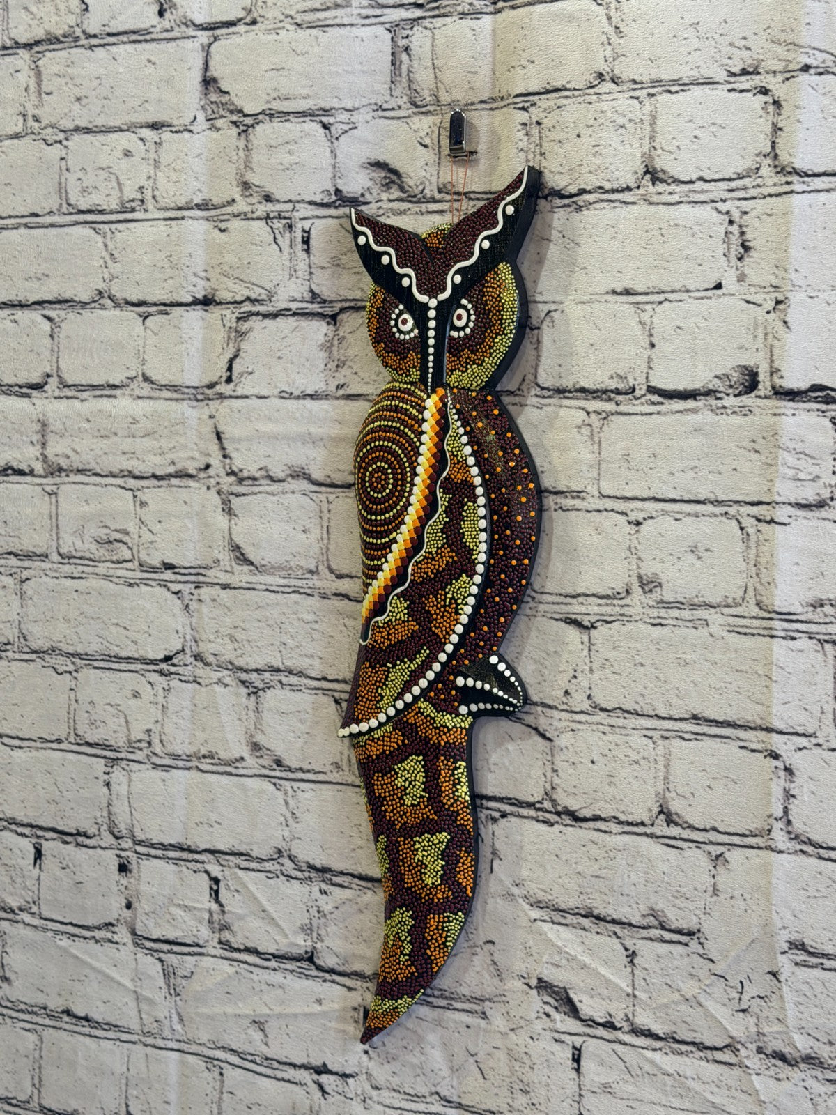 45cm Owl Bird Carved Wooden Dot Painted Ethnic Tribal Tiki Wall Art No 31
