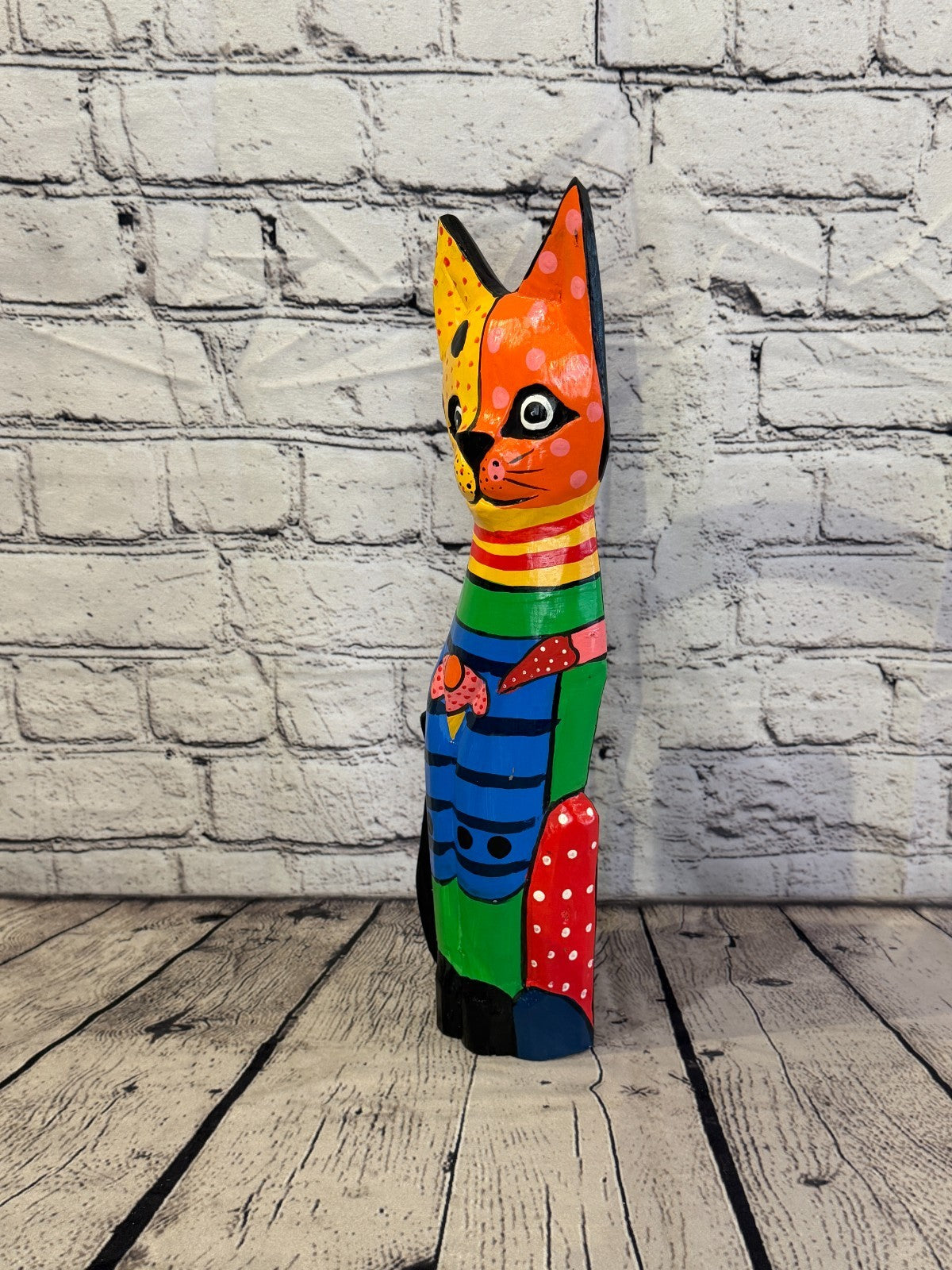 40cm Bright Mix Flower Wooden Shabby Cat Statue Ornament Fair Trade Handcarved1