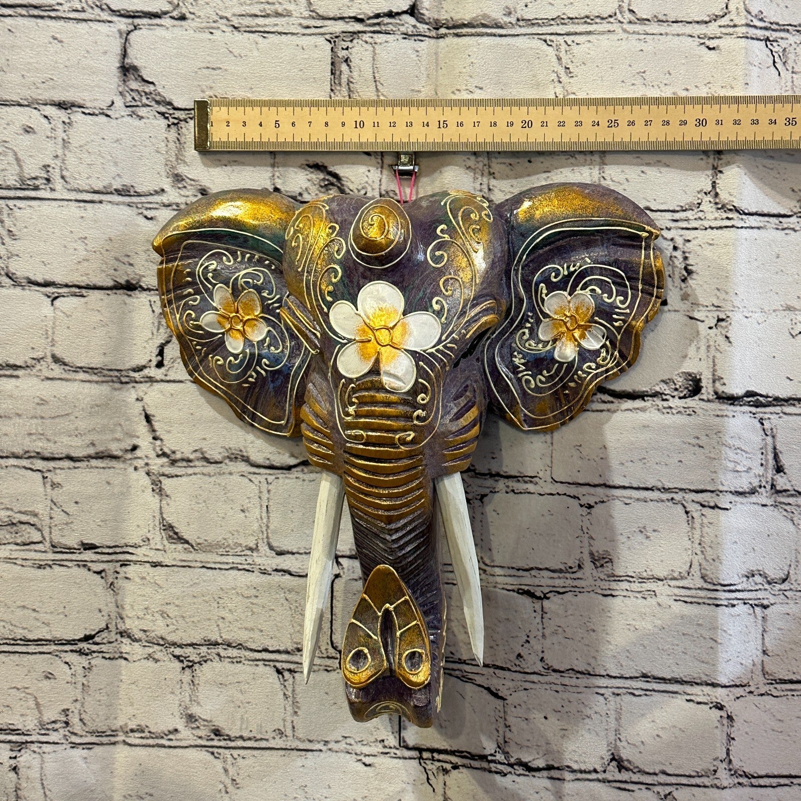 30cm x 30cm Purple Flower Painted Wood Elephant Head Wall Mounted Art Shabby3