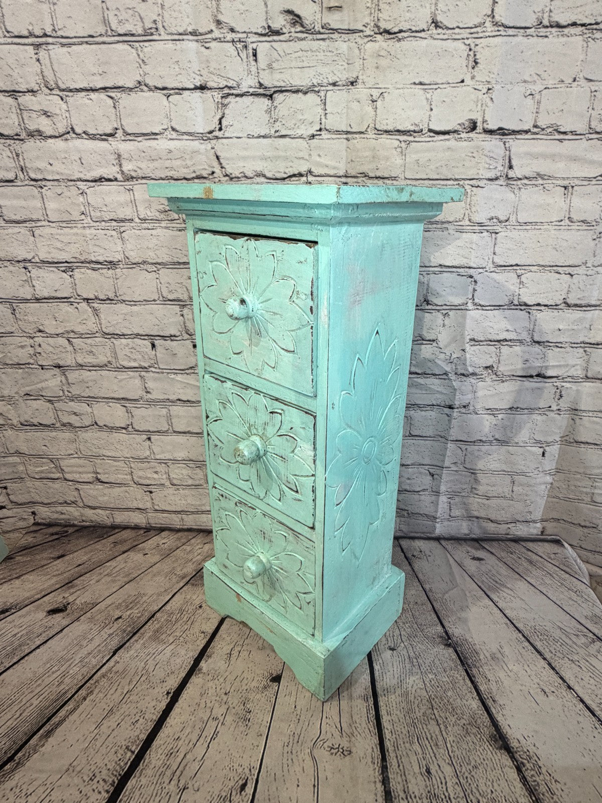 60cm x 25cm Blue 3 Draw Pillar Wooden Side Cabinet Living Storage Furniture0