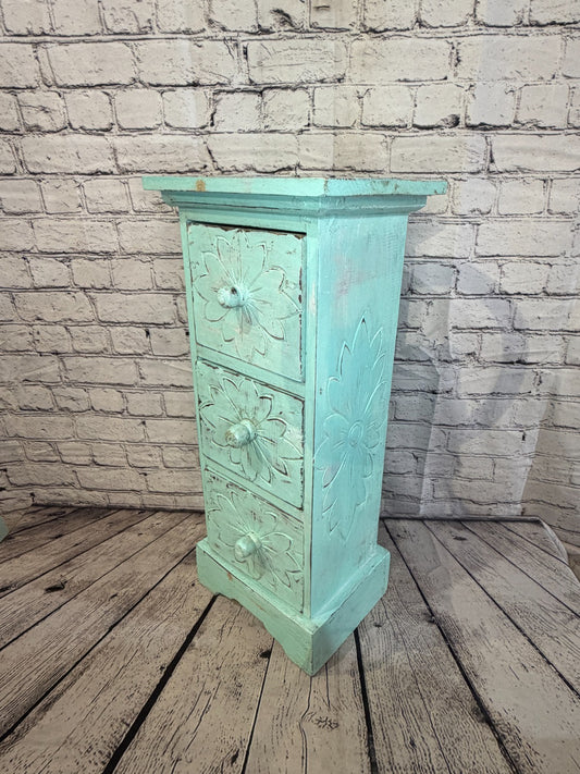 60cm x 25cm Blue 3 Draw Pillar Wooden Side Cabinet Living Storage Furniture0