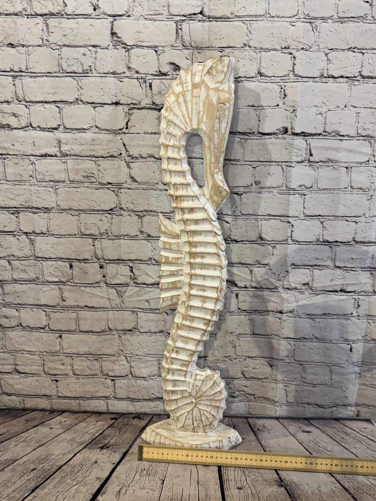80cm White Wooden Shabby Seahorse Statue Ornament Fair Trade Handcarved6