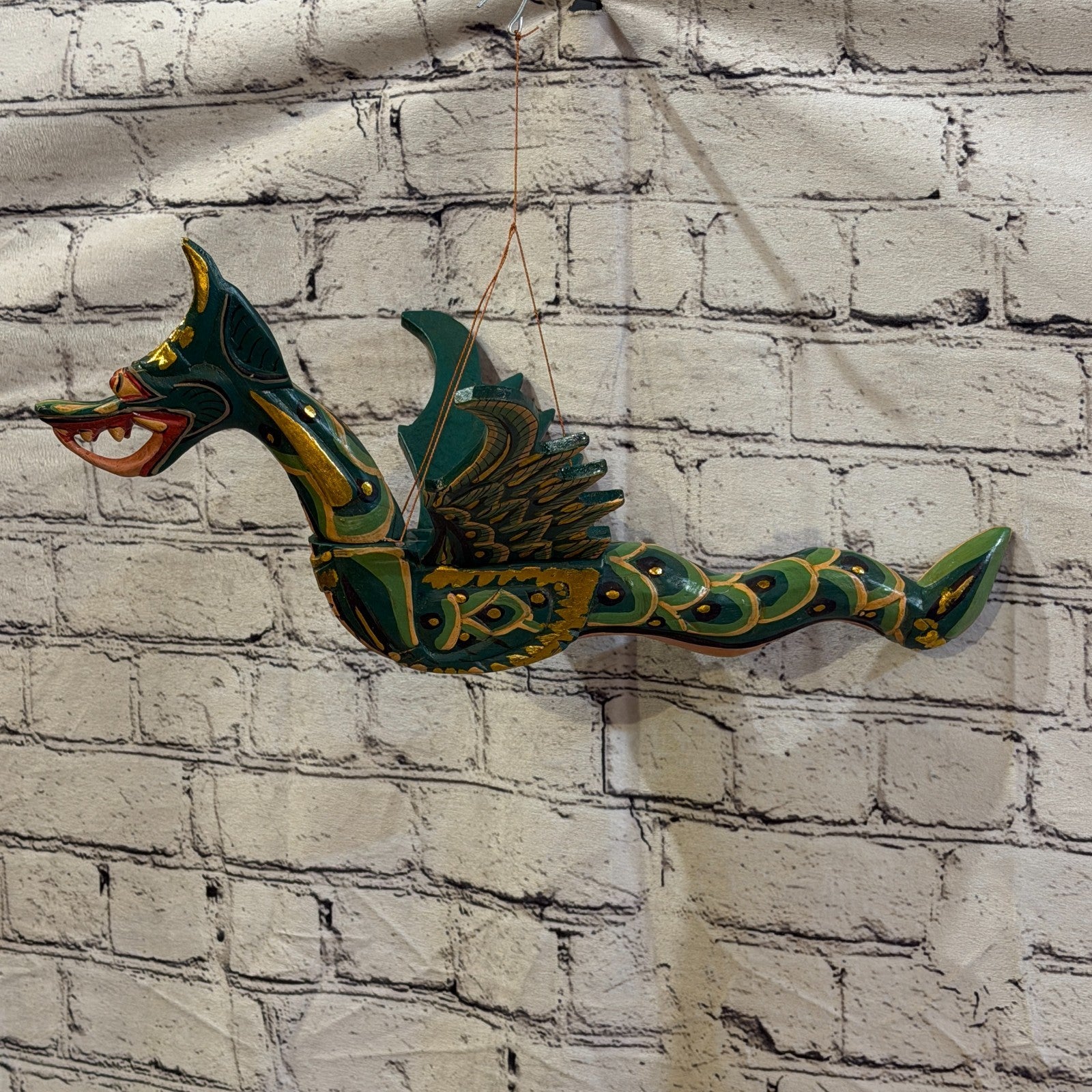 40cm Green Dragon Folk Art Carved Wood Flying Winged Mobile Spirit Guardian0