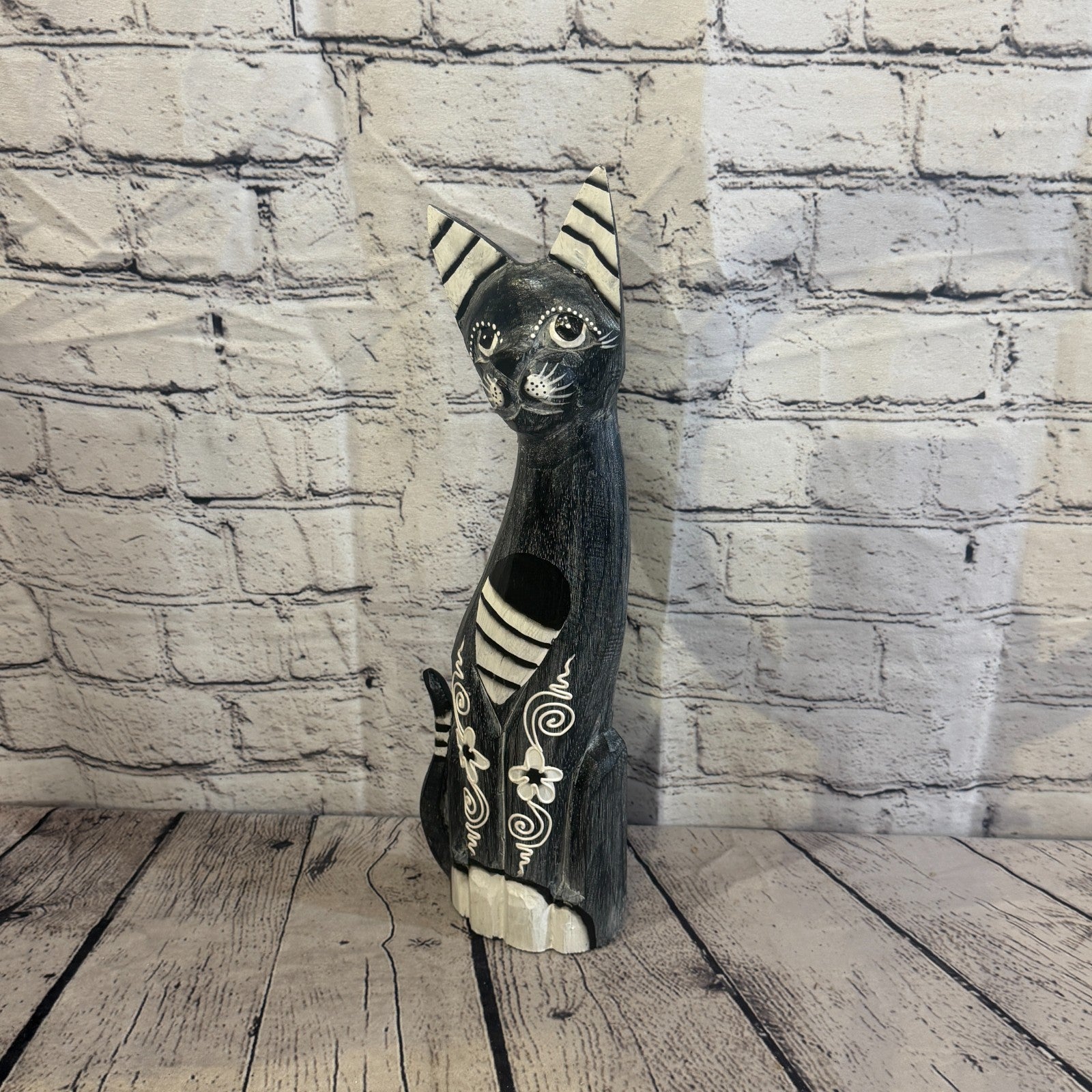 40cm Grey Flower Wooden Shabby Cat Statue Ornament Fair Trade Handcarved1