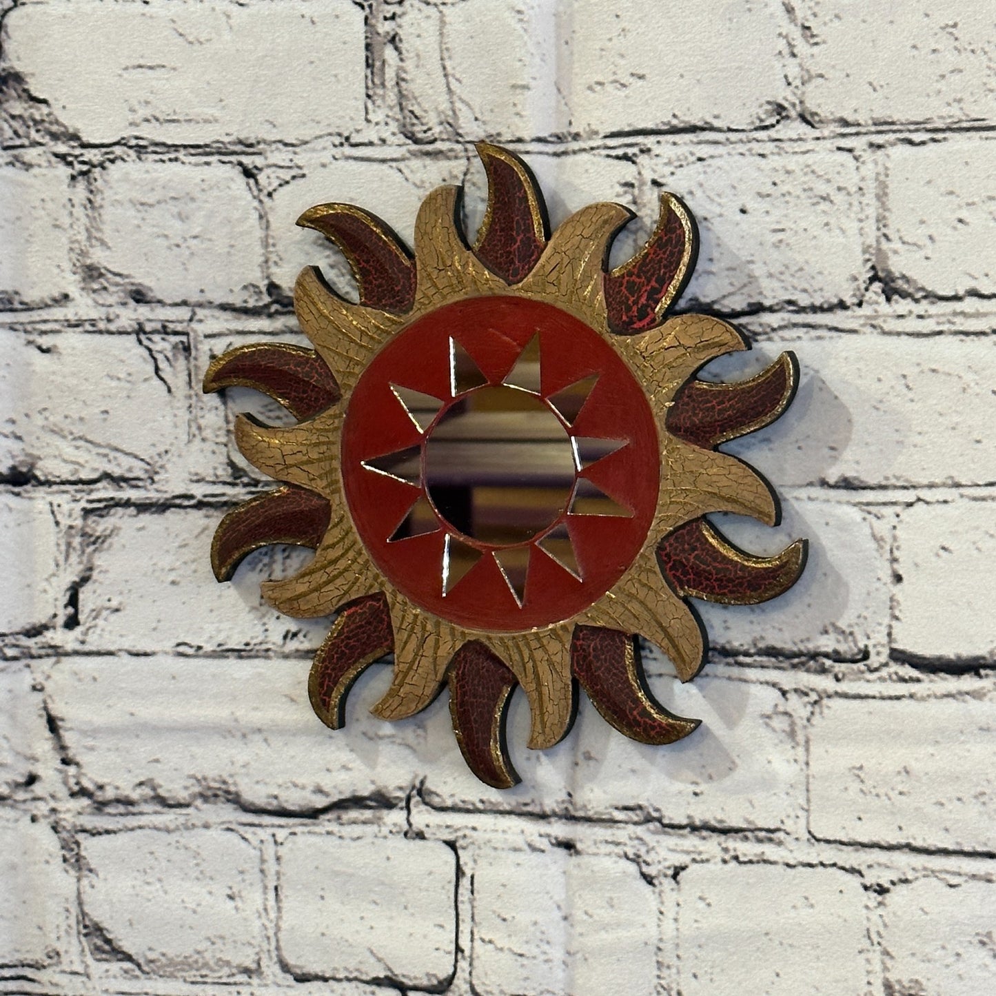 Red Burst Sun Mosaic Tile Wall Mirror 20cm x 20cm 8 Inches Handmade Fairtrade1