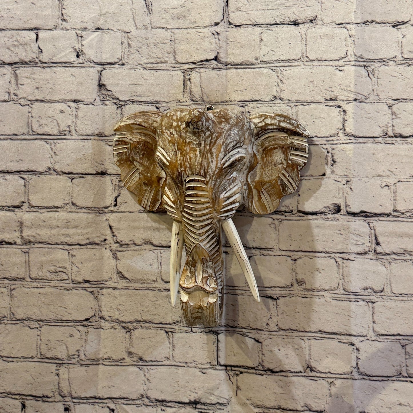 30cm x 30cm Plain Brown Painted Wood Elephant Head Wall Mounted Art Shabby2
