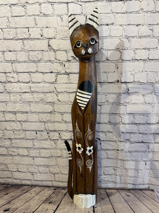 100cm Brown Flower Wooden Shabby Cat Statue Ornament Fair Trade Handcarved0