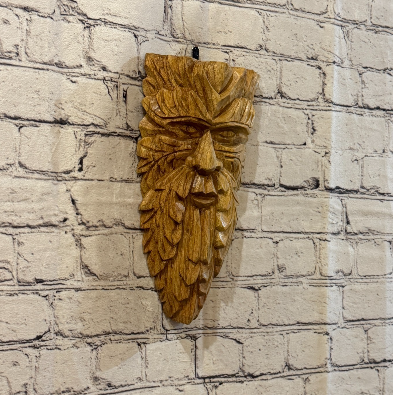 Green Man Of The Woods 30cm x 15cm Flat Carved Wizard Tree Trunk Wood Fairtrade0