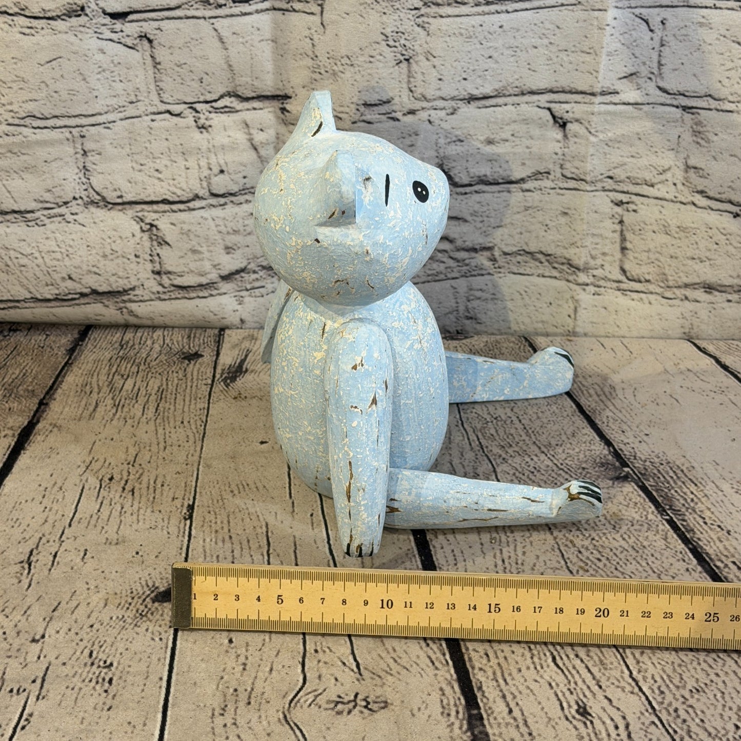 20cm Blue Teddy Bear Sitting Animal, Wooden Shelf Ornament Handmade & Fairtrade7