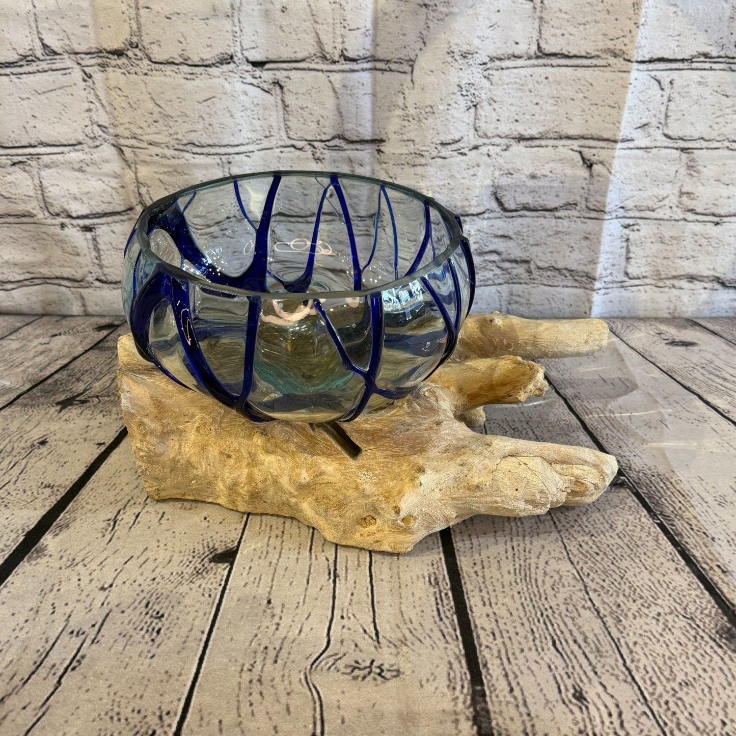 30cm Long Blue Streak Melted Glass Wood Decorative Bowl Glass Sculpture Crafted2