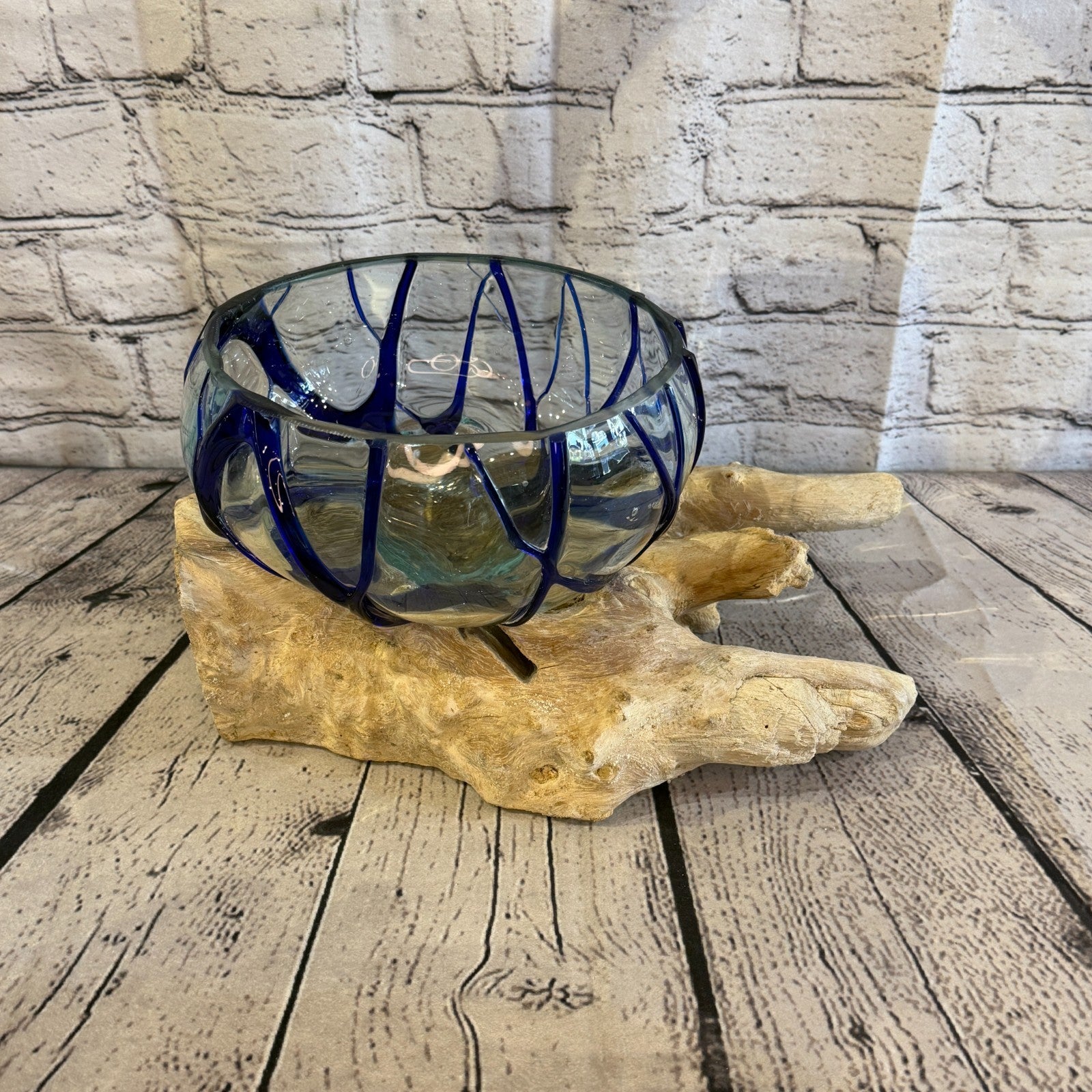 30cm Long Blue Streak Melted Glass Wood Decorative Bowl Glass Sculpture Crafted2