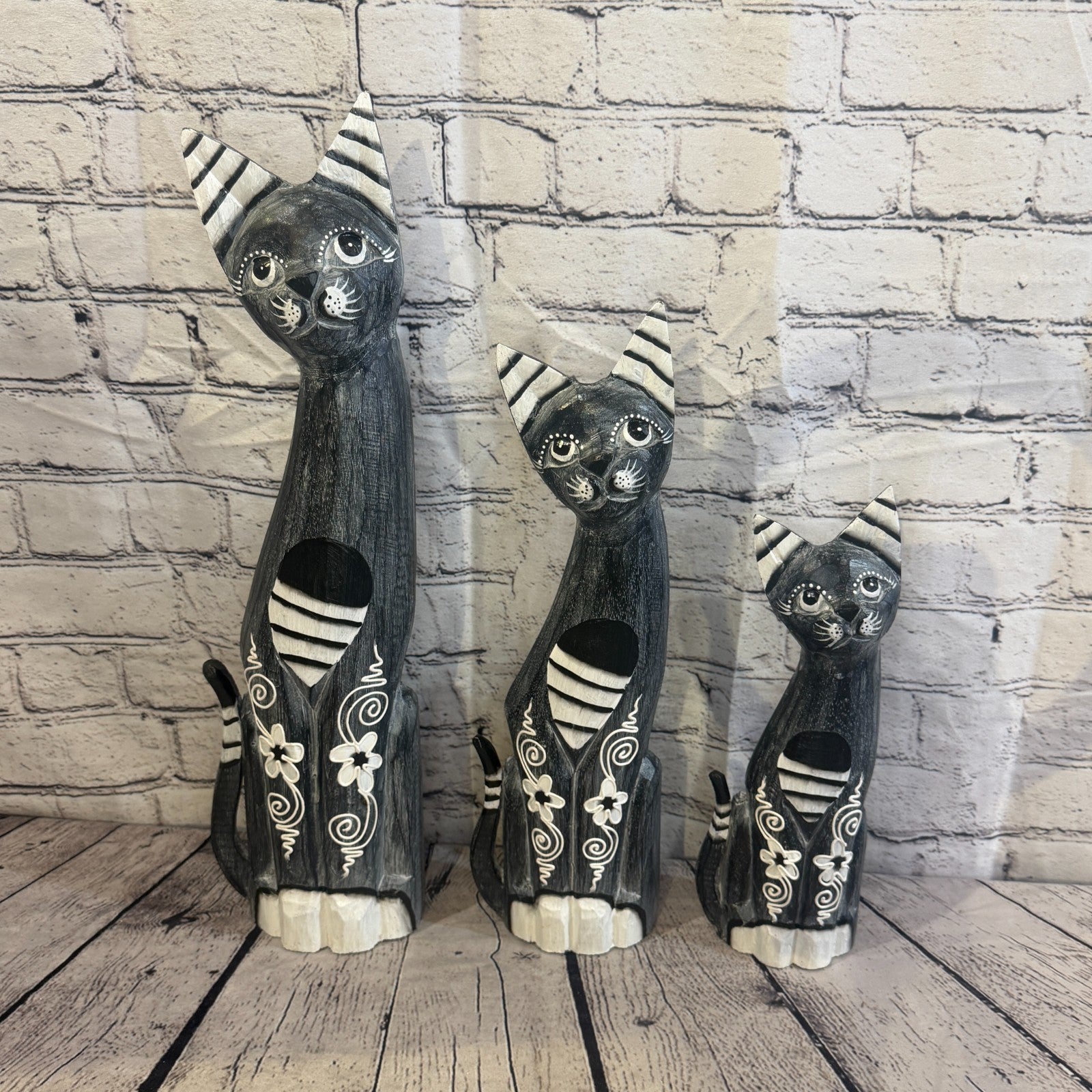 50cm Grey Flower Wooden Shabby Cat Statue Ornament Fair Trade Handcarved8