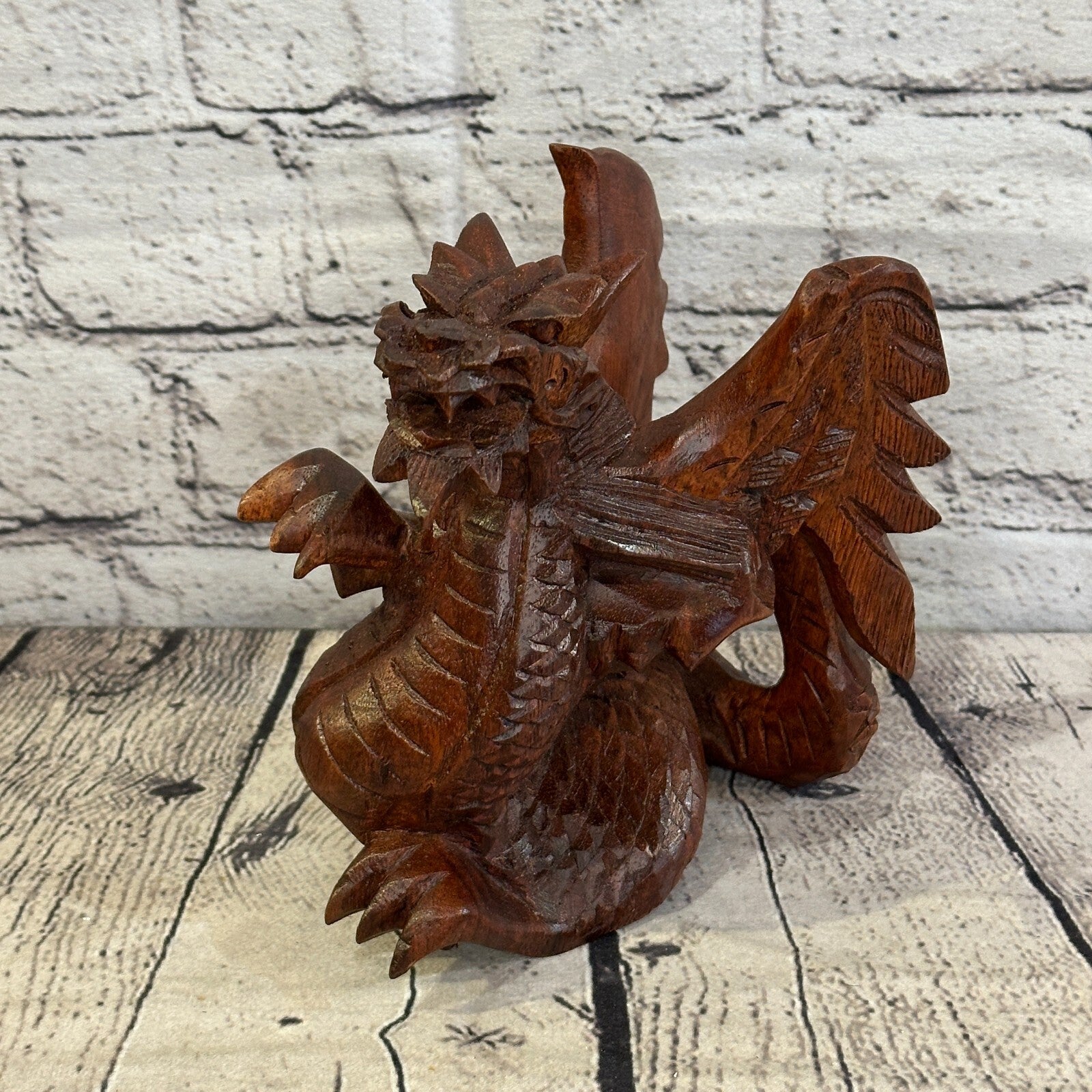 15cm x 15cm Dark Wooden Standing Dragon Carving Hand Carved Wing Back Dragon0