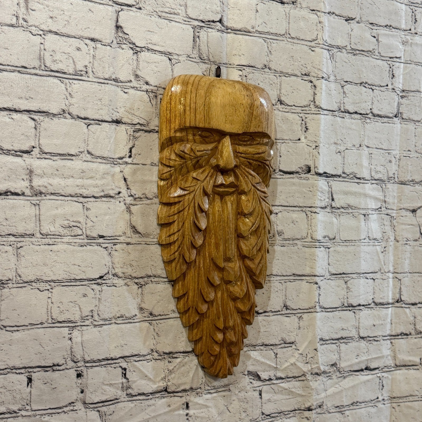 Green Man Of The Woods 45cm x 20cm Flat Carved Wizard Tree Trunk Wood Fairtrade0
