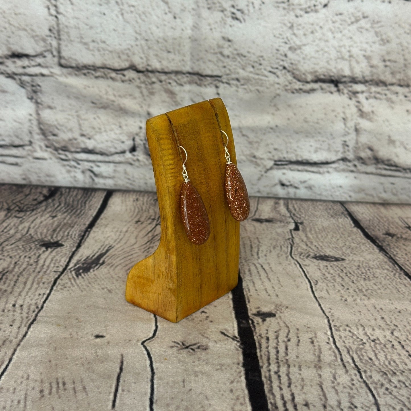 Gold Goldstone Teardrop Stone 925 Silver Dangle Drop Earrings Handmade Jewellery2