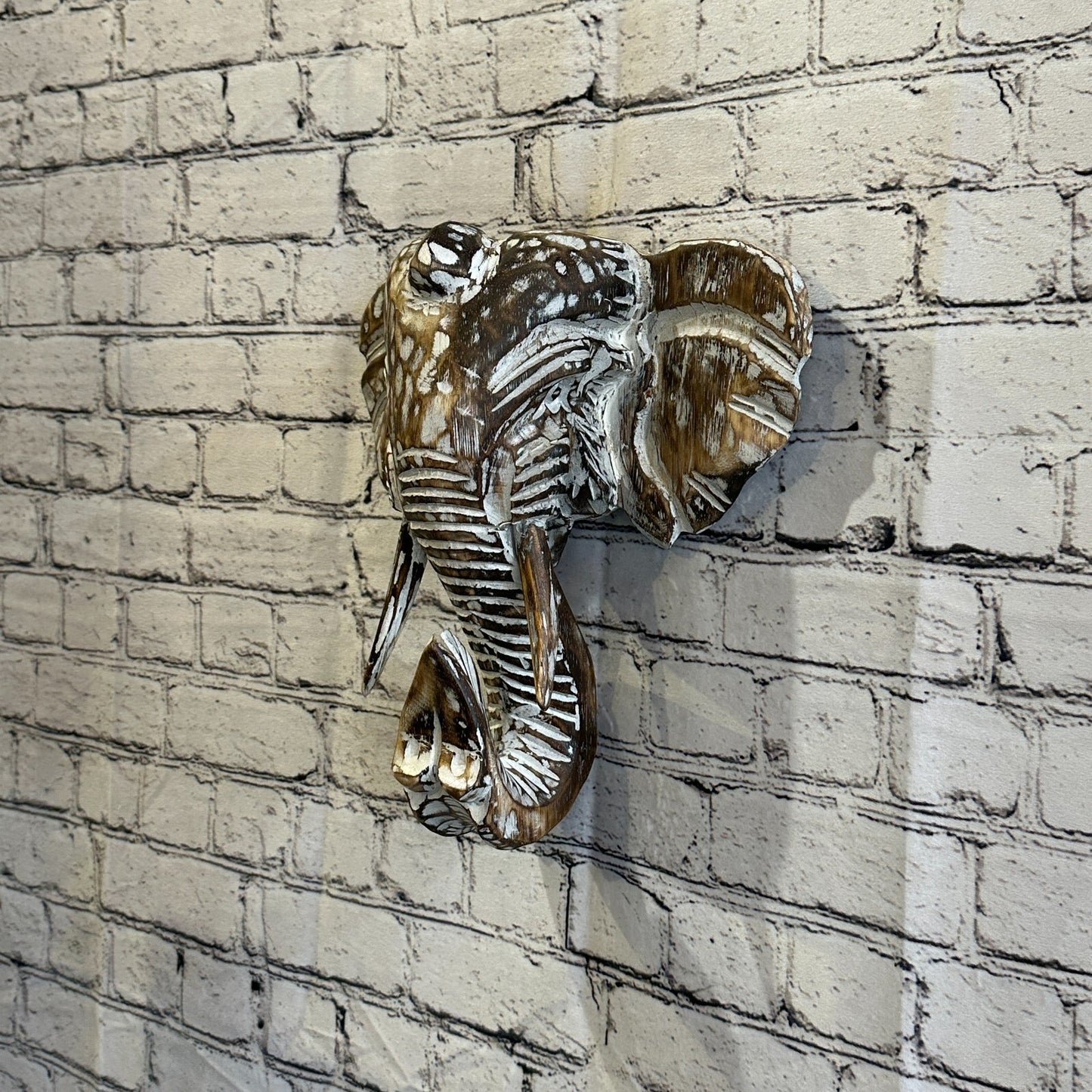 30cm x 30cm Brown Carved Wood Elephant Head Wall Mounted Art Large Shabby1