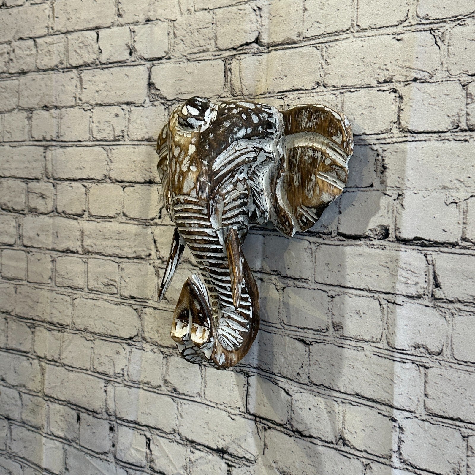 30cm x 30cm Brown Carved Wood Elephant Head Wall Mounted Art Large Shabby1