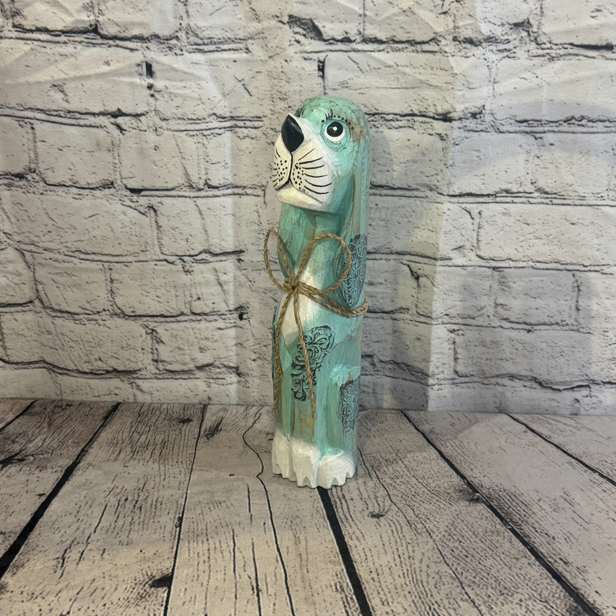 30cm Green Teal Wooden Shabby Dog Statue Ornament Fair Trade Handcarved0
