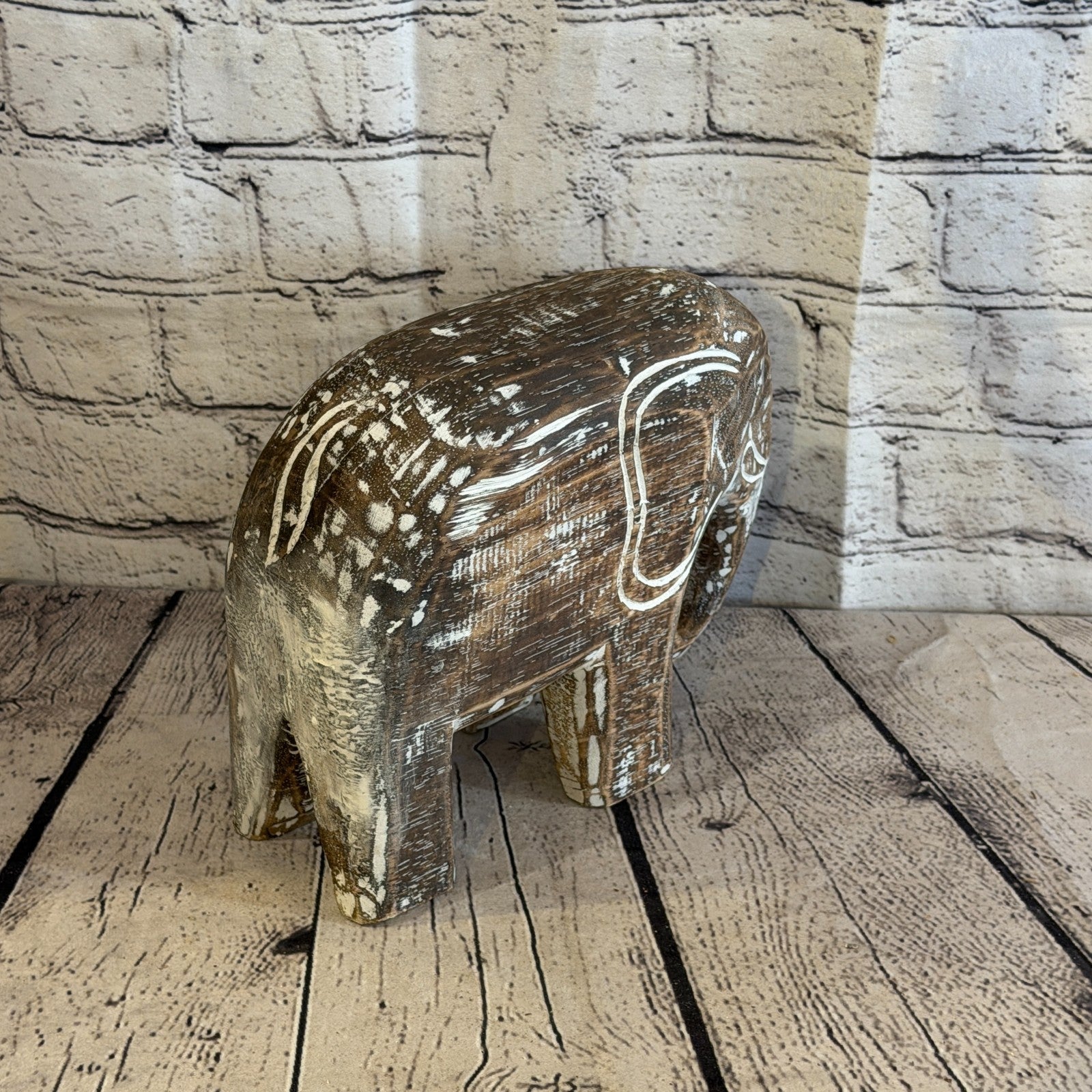 20cm x 25cm Brown Wood Wooden Standing Elephant Hand Carved Painted Statue4