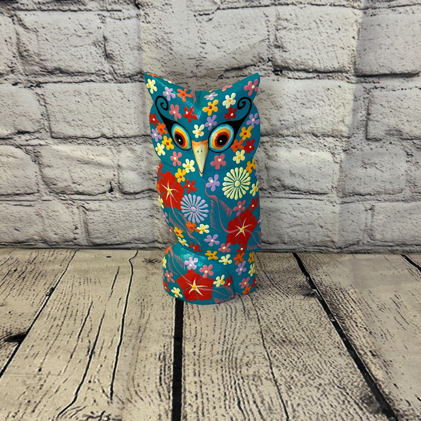 Blue Large Wooden Owl With Flower Pattern 20cm x 8cm Handmade and Fairtrade0