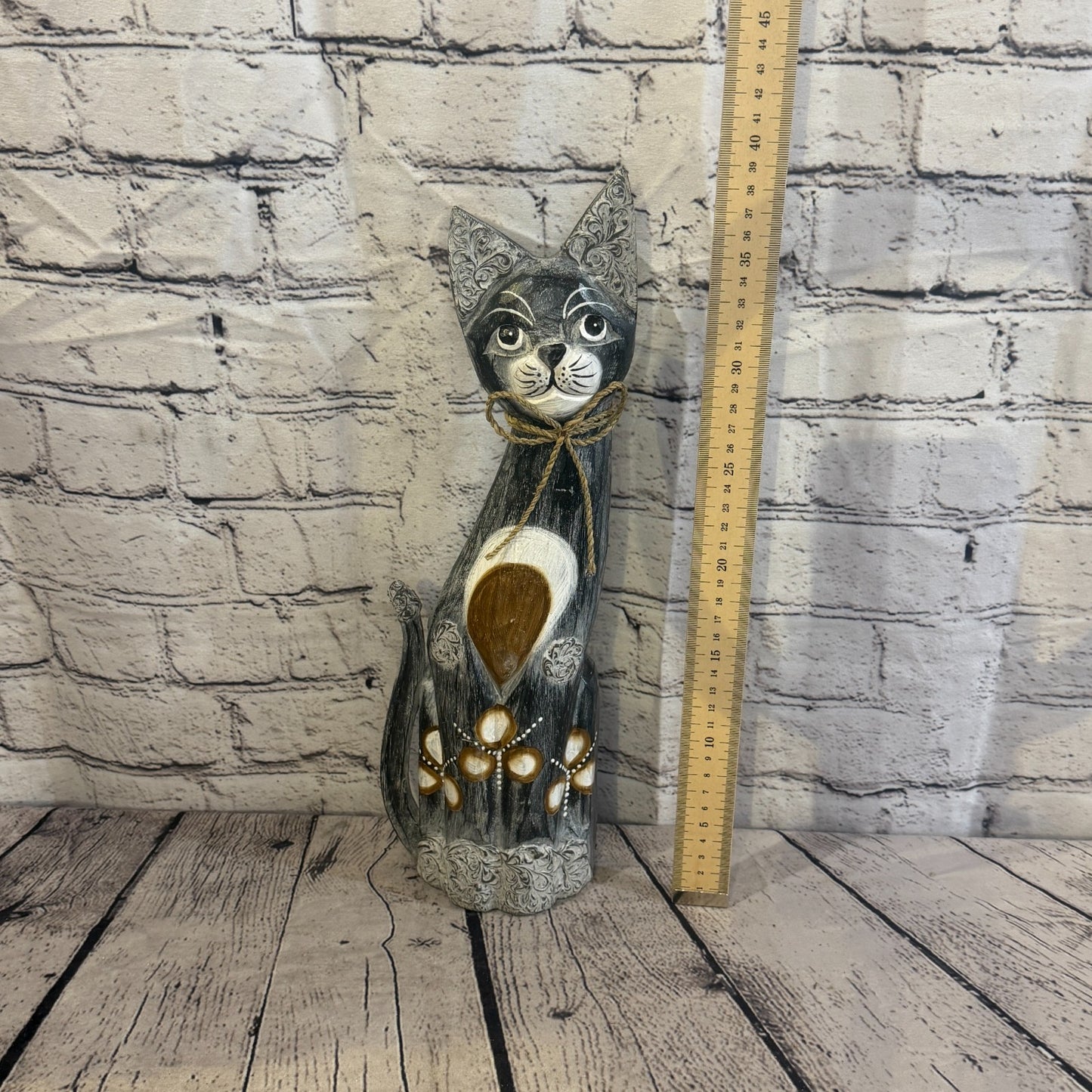 40cm Grey Silver Dots Wooden Shabby Cat Statue Ornament Fair Trade Handcarved5