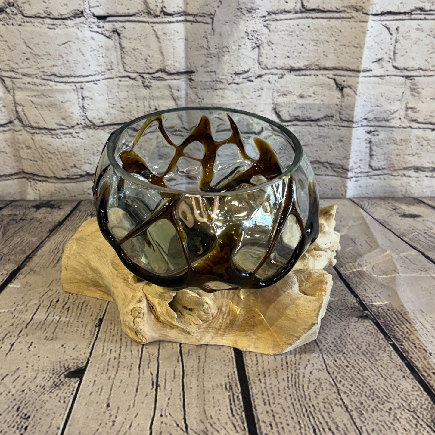 30cm Long Brown Streak Melted Glass Wood Decorative Bowl Glass Sculpture Crafted0