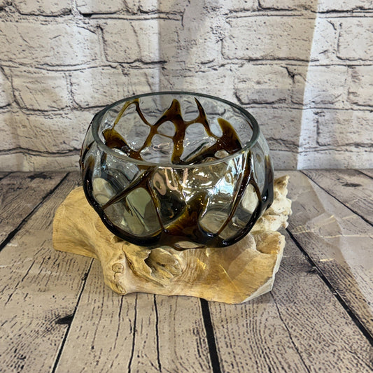 30cm Long Brown Streak Melted Glass Wood Decorative Bowl Glass Sculpture Crafted0