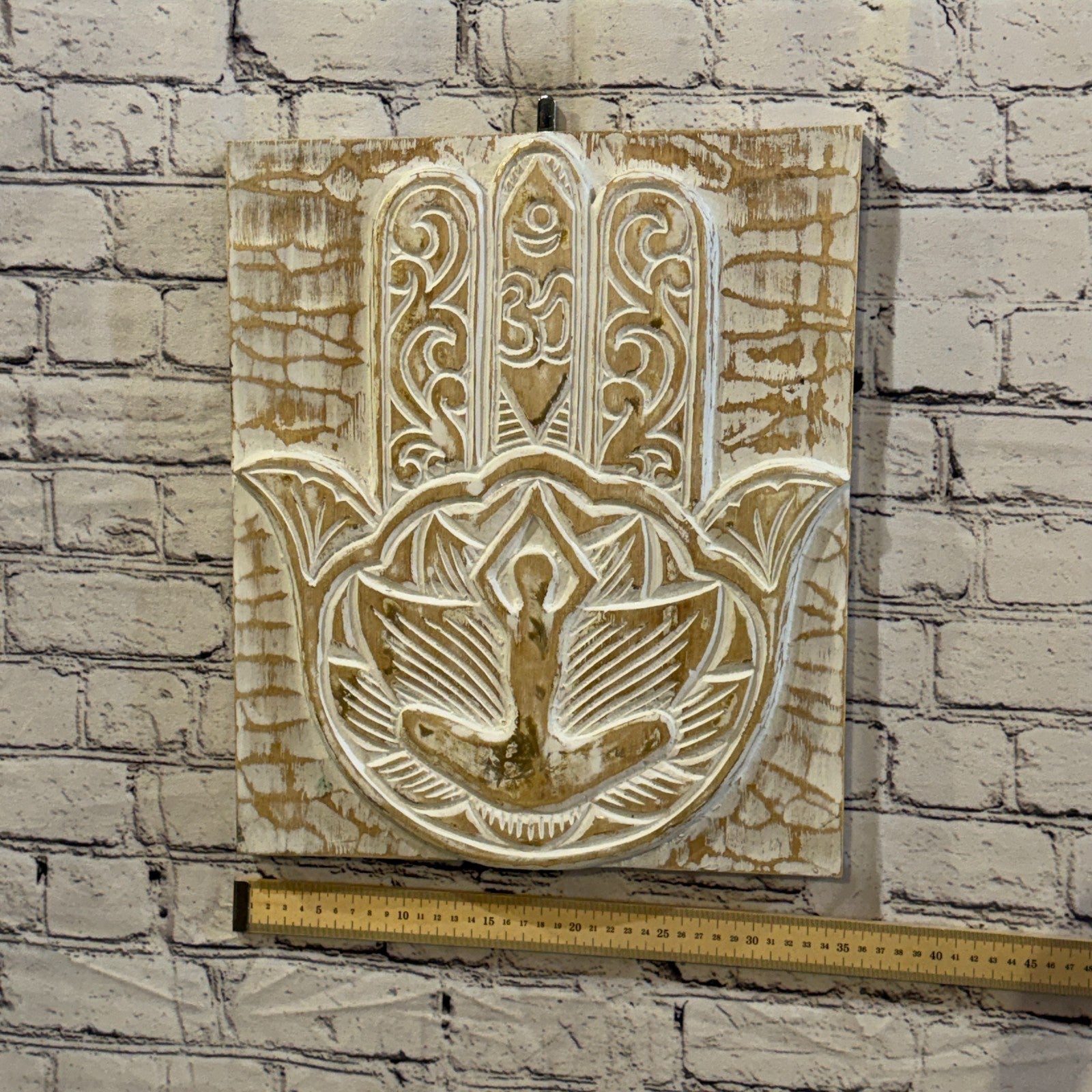 40cm x 35cm Hand Of Fatima White Wooden Wood Panel Wall Art Plaque Handcarved3