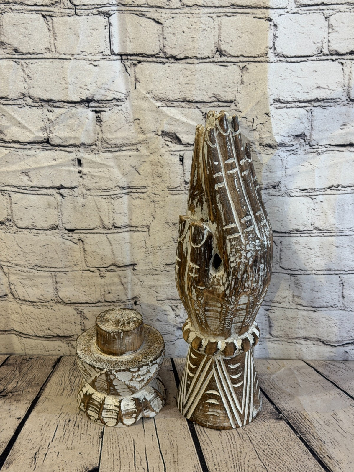 50cm Brown Wooden Hand Carved Praying Hands Incense Holder Two Parts5