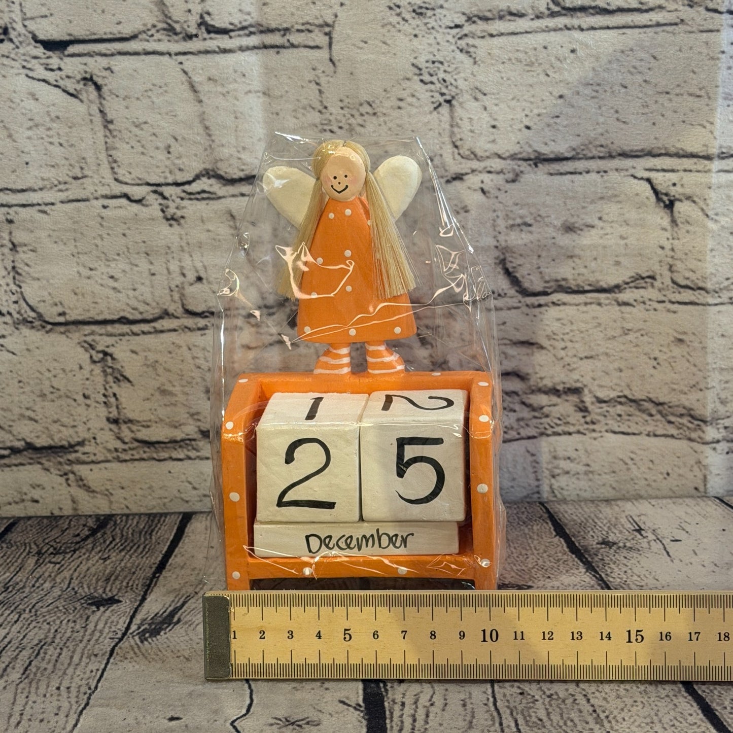 15cm Orange Hand Carved Painted Wooden Angel Block Calendar for Desk Display6
