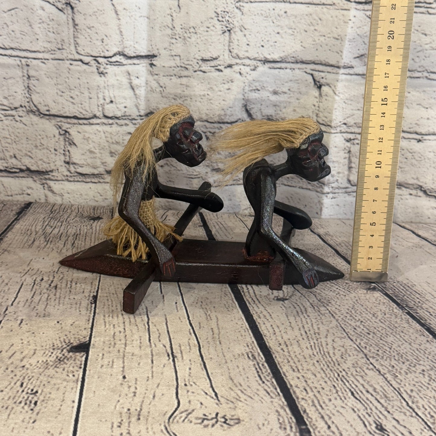 15cm Couple Kayaking African Tribal Warrior Man Figure Statue Wood Hand Carved5