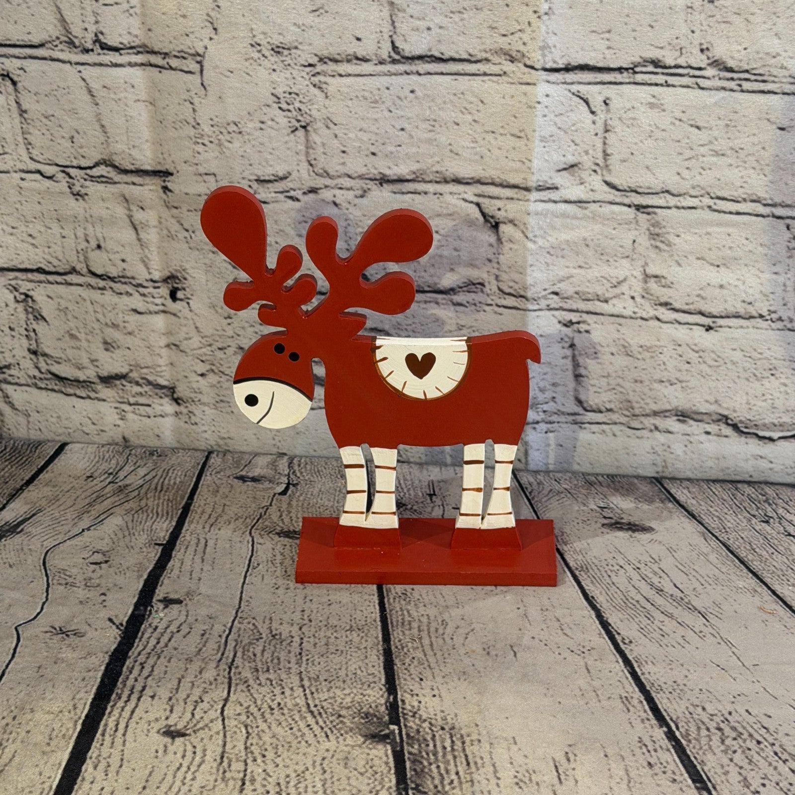22cm x 14cm Red Heart Handcrafted Wood Reindeer Xmas Christmas Ornament Antlers0