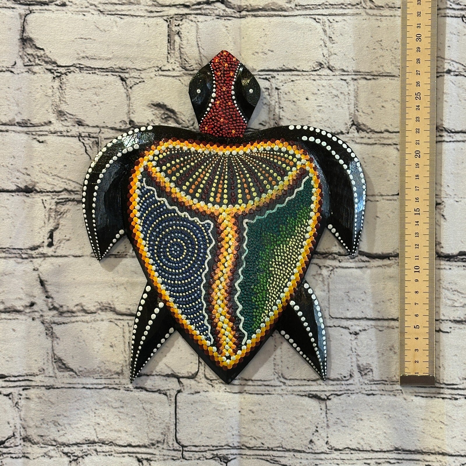 30cm Turtle Carved Wooden Dot Painted Ethnic Tribal Tiki Wall Art Handmade No 23