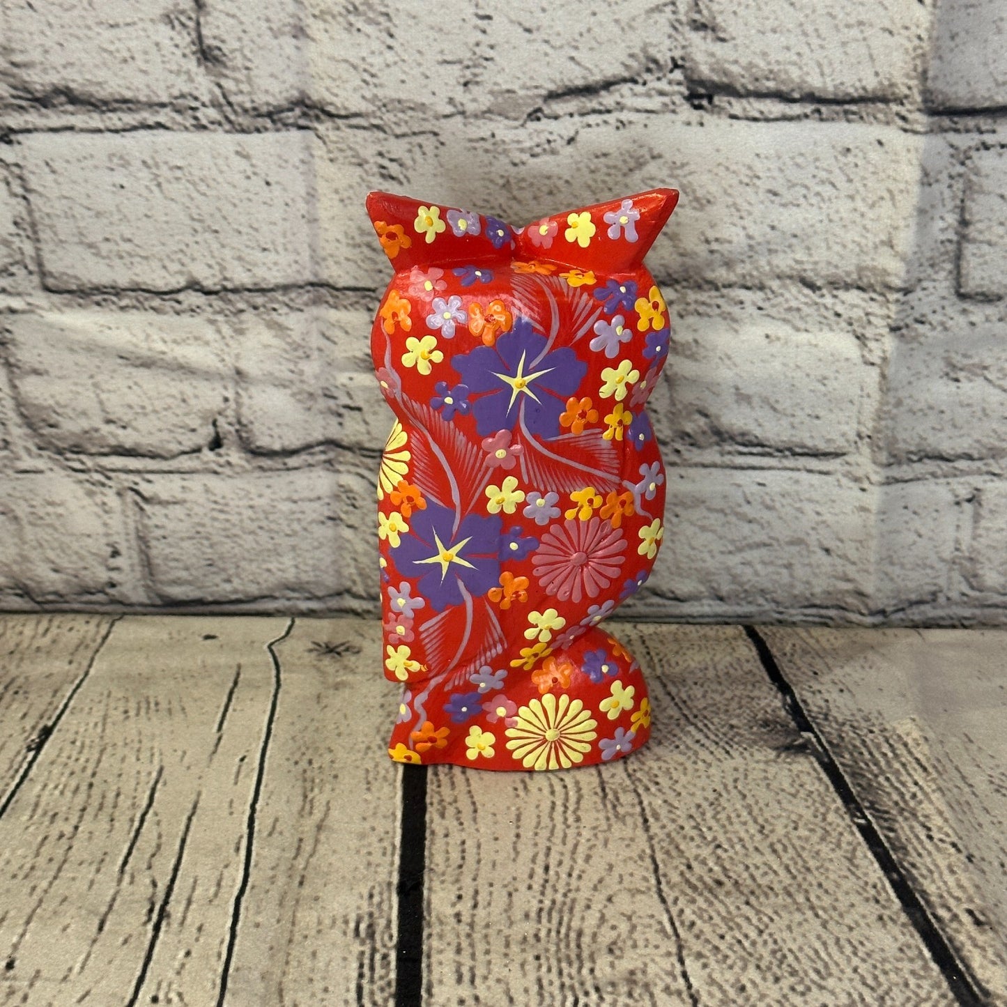 Red Medium Wooden Owl With Flower Pattern 15cm x 8cm Handmade and Fairtrade4