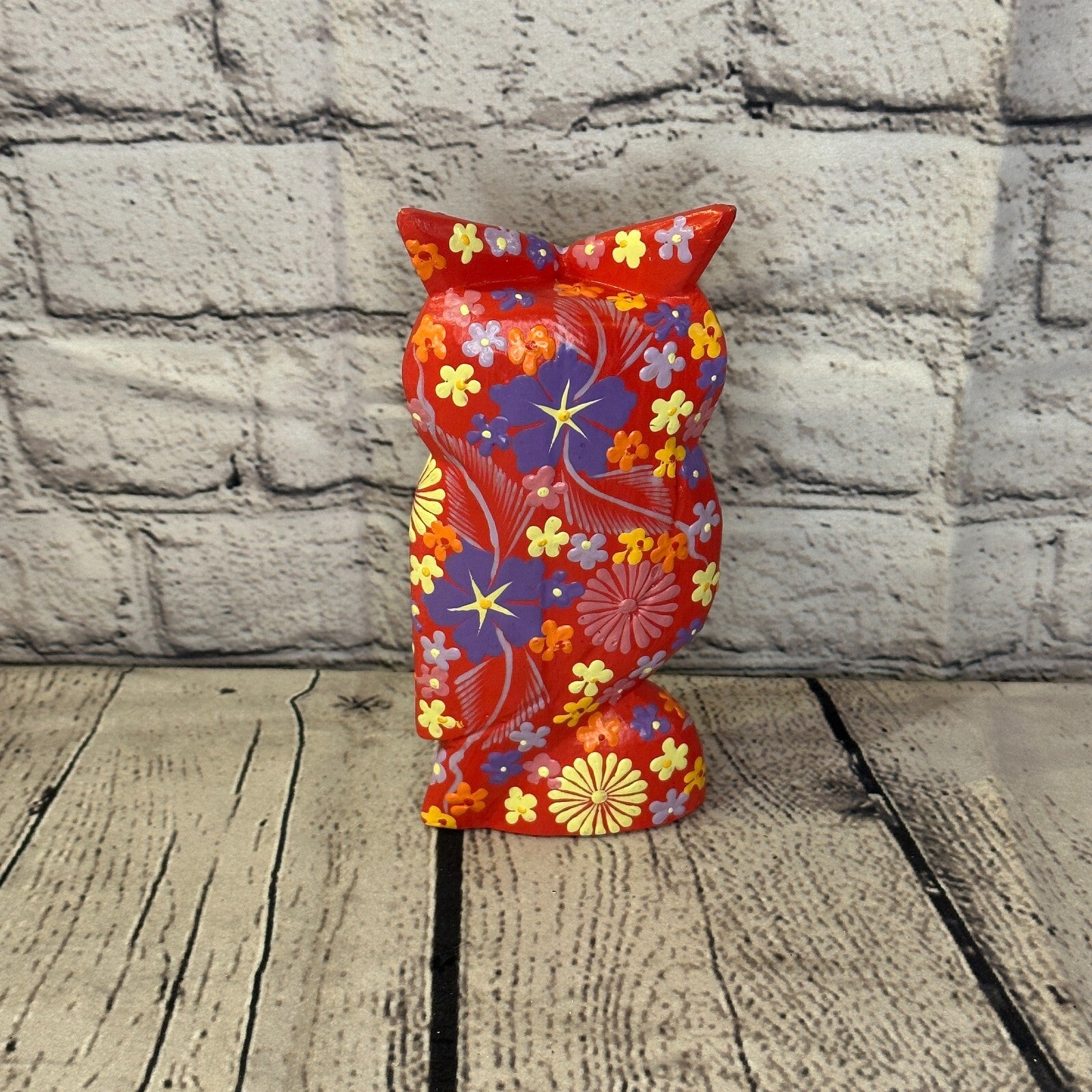 Red Medium Wooden Owl With Flower Pattern 15cm x 8cm Handmade and Fairtrade4