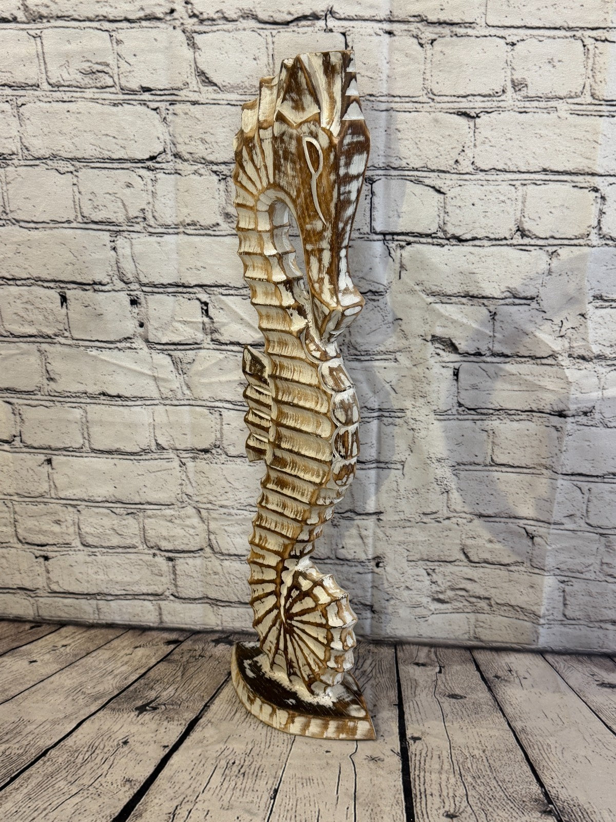 60cm Brown Wooden Shabby Seahorse Statue Ornament Fair Trade Handcarved2